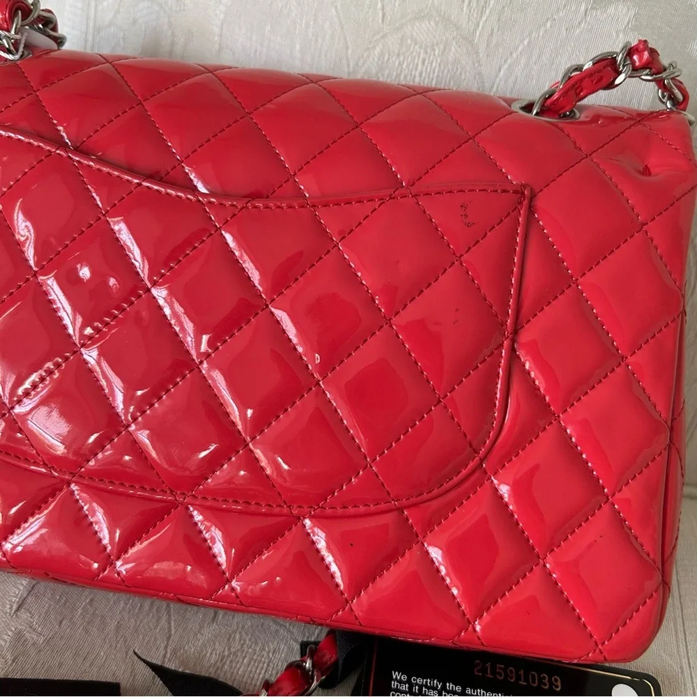 Authentic Chanel Red Patent Leather Medium Classic Double Flap Bag with card
